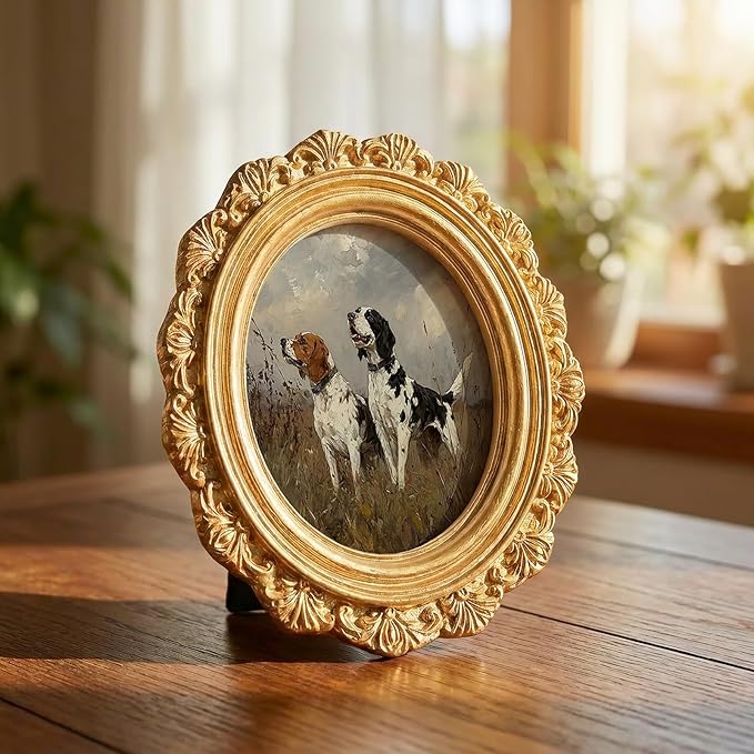 Dog Beagle Round Picture Frame Wall Decor, Rustic Farmhouse Gold Mini Ornate Photo Frame for TableTop Desk 2.7in Photo, Vintage Framed Artwork for Walls Office Bedroom Shelf