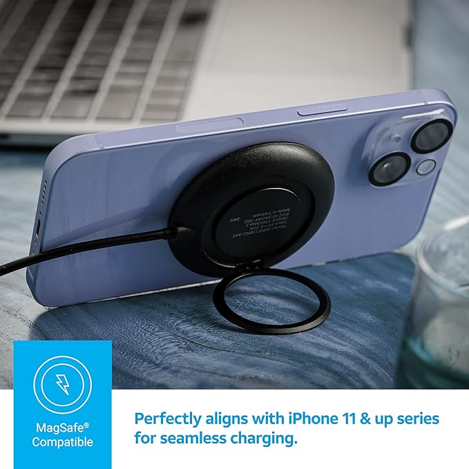 AT&T Magnetic Wireless Charging Pad with Built-in Ring Stand – 15W Fast Charging, USB-C PD Input, Case-Friendly Magnetic Design – Ideal for Desk, Travel, and Nightstand Use – Black