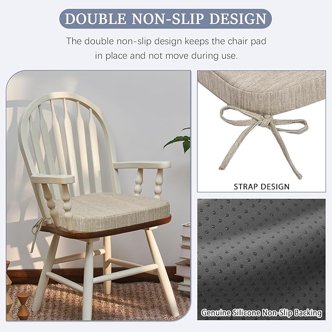 baibu Kitchen Chair Cushions, Dual-Layer Patented Design Molded Memory Foam Dining Chair Pads with Ties and Washable Cover, 17" x 16" x 2", Beige