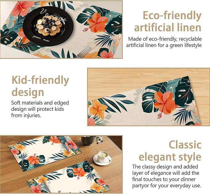 Placemats Set of 6, Tropical Floral Orange Flowers Linen Placemats 12x18 Inch, Heat Resistant Table Mats, Washable Non Slip Place Mats for Dining Table Kitchen Home