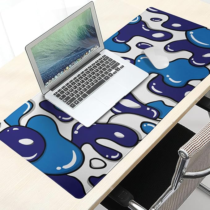 Navy Blue White Mouse Pad Gaming Desk Pad Geometric Japanese Anime Cool Extended XXL Mouse Pad 35.4X15.7 Inch Full Desk Mousepad Gaming with Stitched Edges Non-Slip Base for Desktop Keyboard Pad