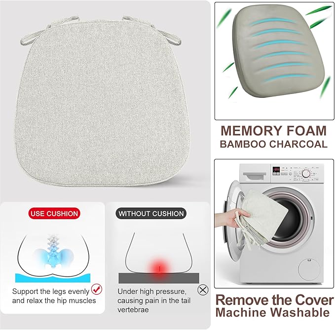 SINOSSO 6 Pack Memory Foam Chair Cushions for Dining Chairs, Friendly Woven Fabric 16" U-Shape Comfortable Kitchen Chair Pads, Removable Slip Resistant Seat Cushions (Set of 6, Beige-Gray)