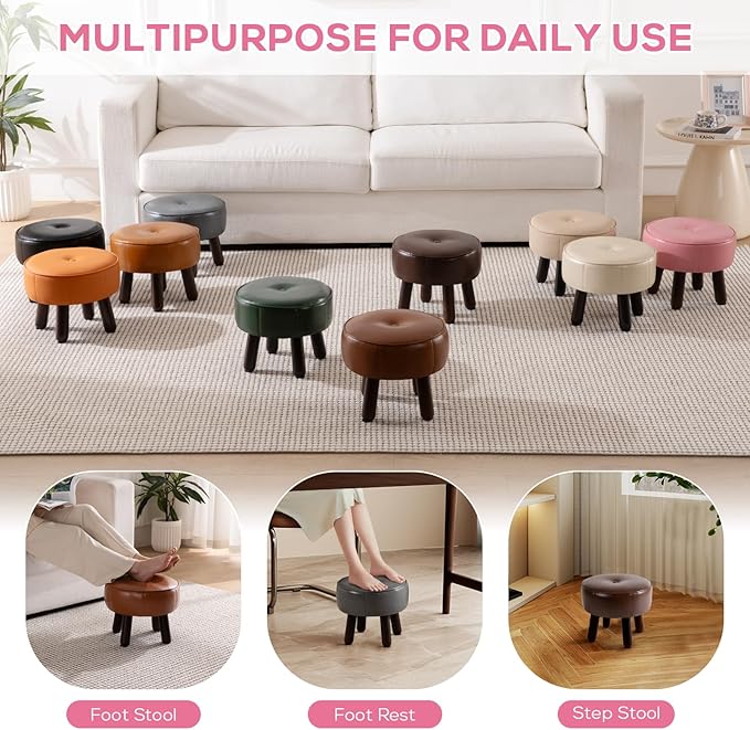 oakvivo Small Foot Stool Round Pouf Ottoman, 13'' Leather Foot Rest with Non-Skid Rubber Legs, Foolstool Ottomans for Couch, Sofa Footrest Step Stool for Living Room Bedroom Entryway Office, Pink