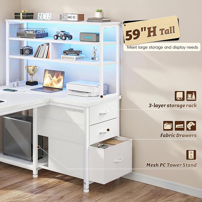 DurayLoly L Shaped Desk Gaming Desk with 3 Silent Fabric Drawers & Shelf, Reversible Corner Desk with Remote LED Lights, Power Charging Station of Home Office Desk,Vanity Desk for Bedroom,White