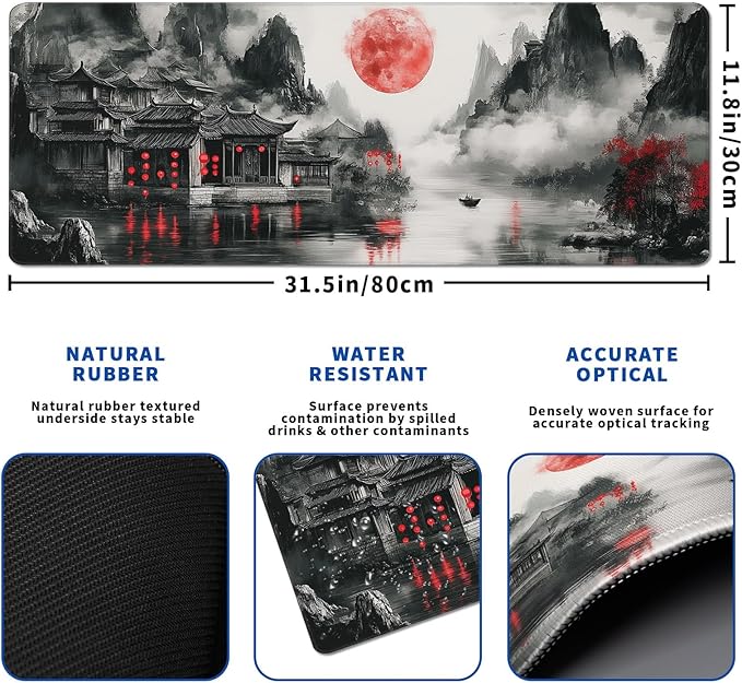 Retro Landscape Mouse Pad Abstract Big Mouse Pad 31.5x11.8 Inch Landscape Texture Non-Slip Rubber Base Large Mousepad Stitched Edges Keyboard Mouse Mat Desk Pad for Office and Home