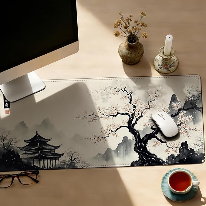 Japanese Cherry Blossom Mouse Pad,35.4 x 15.7 Inch Large Mouse Mat Non-Slip Rubber Stitched Edges for Writing Desk,Office,Home,Laptop