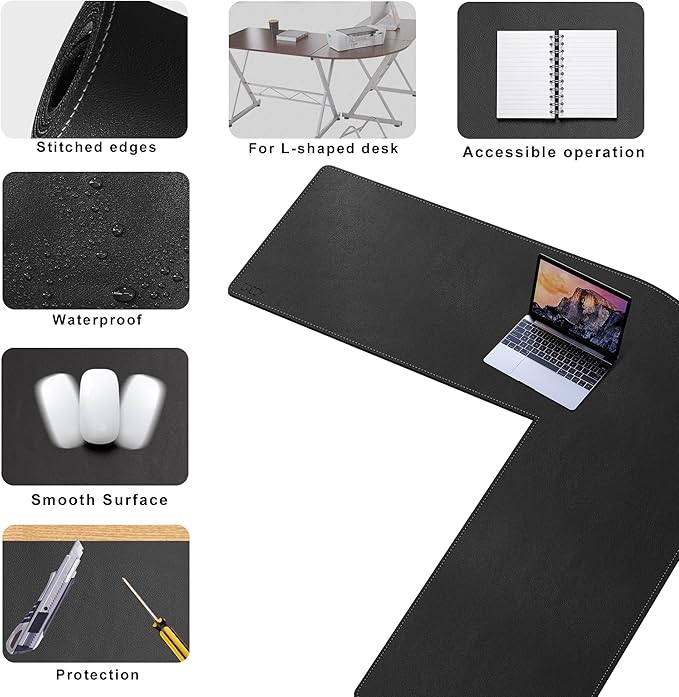 Cacoy 66.9" x 61.8" x 19.7" Black PU Leather L Shaped Desk Pad Blotter, 67-inch Large Corner Computer Table Mat for Home Office Workspace, Waterproof Executive Office Desk Protector L-Shaped Mouse Pad