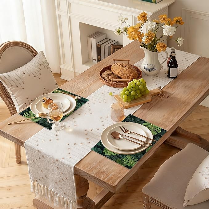 Linen Placemats Set of 6, Tropical Leaves Washable Table Mats 12x18 Inch, Heat Resistant Non Slip Placemats for Dining Table Kitchen Everyday Use