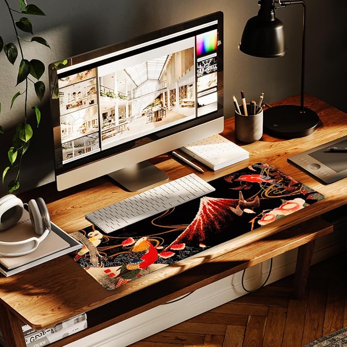 BELLEMOND Japanese Art Desk Mat | Large 31.5x11.8in Anime Mouse Pad for Keyboard & Mouse | Non-Slip Base, Water-Repellent | Original Japanese Design | Crimson Wings Over Fuji