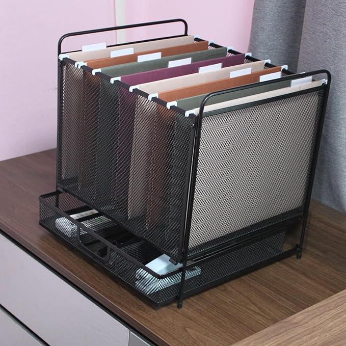 Mesh Desktop Hanging File Organizer with Drawer,Office Supplies and Home Filing Organizer,Letter Size,Black