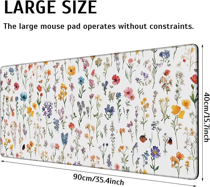 Wild Flower Mouse Pad,35.4 x 15.7 Inch Large Mouse Mat Non-Slip Rubber Stitched Edges for Writing Desk,Office,Home,Laptop