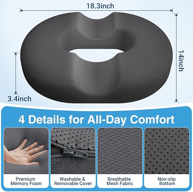 CushZone Donut Pillow for Postpartum Pregnancy - Large Ergonomic Chair Seat Cushions, Office Chair Cushion, Breathable Hemorrhoid Pillow, Lifting Chair Pads for Sitting, After Surgery(Grey, XL)