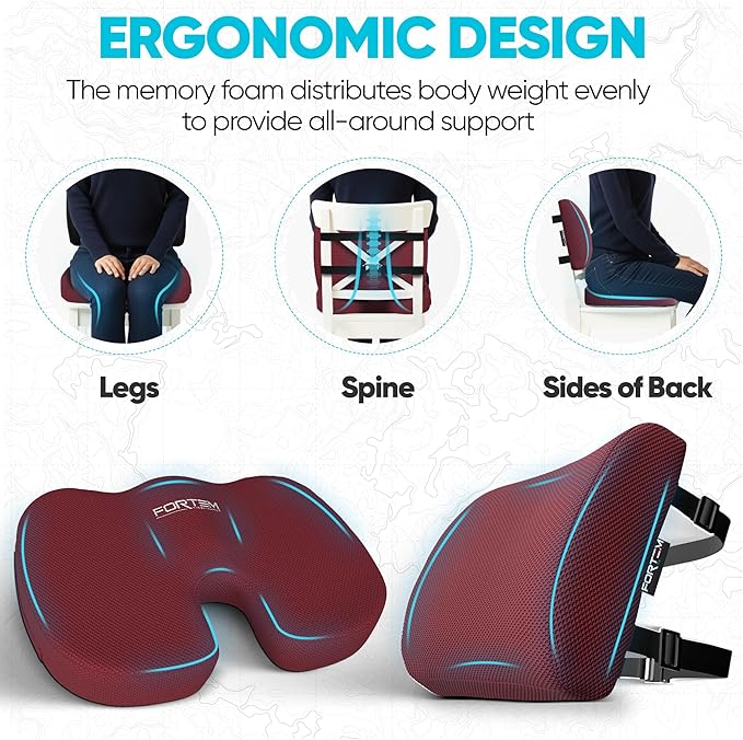 FORTEM Seat Cushion, Office Chair Cushion, Lumbar Support Pillow for Office Chair, Memory Foam Car Seat Cushions, Sciatica Coccyx Tailbone Pain Relief, Cushions for Back Support, Washable, Non Slip XL