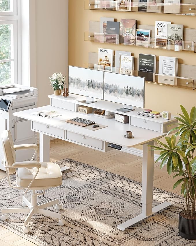 FEZIBO 48 x 24 inch Standing Desk with Drawers, Height Adjustable Electric Workstation, Computer Sit Stand Up Table with Large Storage Shelf 4 Drawers and 2 Hooks, White