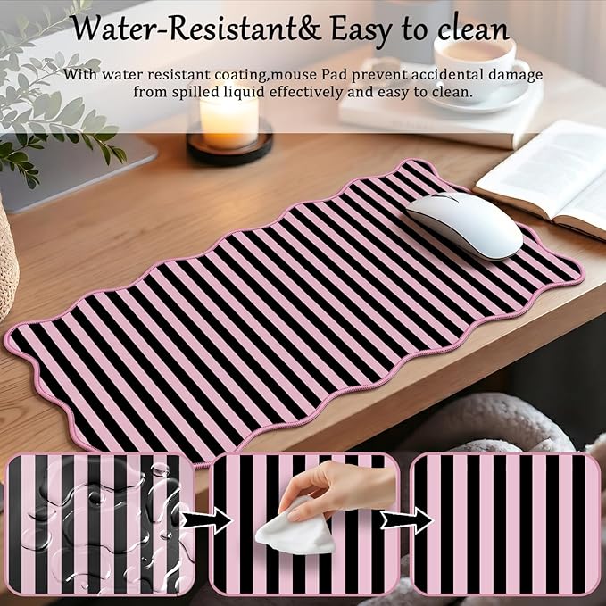 Scalloped Desk Mat Extended Large Cute Striped Mouse Pad Big Desk Pad XXL Aesthetic Stripe Mousepad Gaming Mouse Pad for Keyboard Computer Laptop Home Office Accessories 35.4X15.7Inches Black Pink