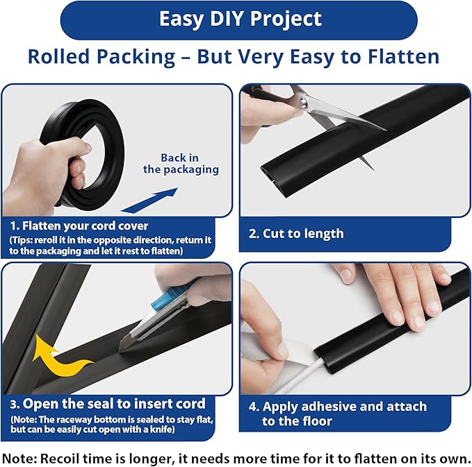 ZhiYo Floor Cord Cover 4ft, Cord Hider Floor Black, Cable Management Cover Prevent Cable Trips, Wire Covers for Electric Power Cords, Wire Protector Cavity W0.47 x H0.28