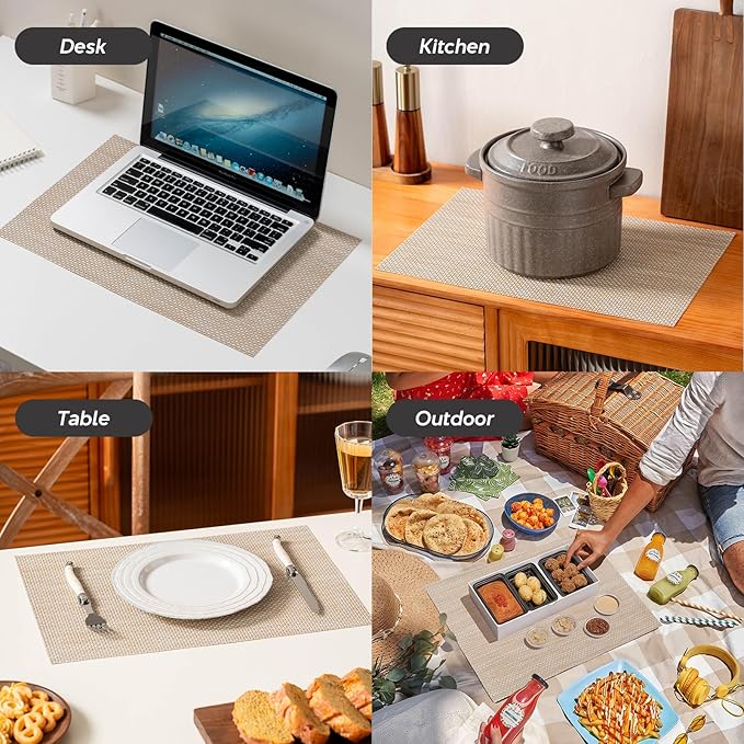 Placemats Set of 4, Heat Resistant Place Mats, Washable PVC Table Mats, Woven Vinyl Plastic Placemats for Dining Table, Non-Slip Stain Resistant Kitchen Table Placemats Easy to Clean?Beige?