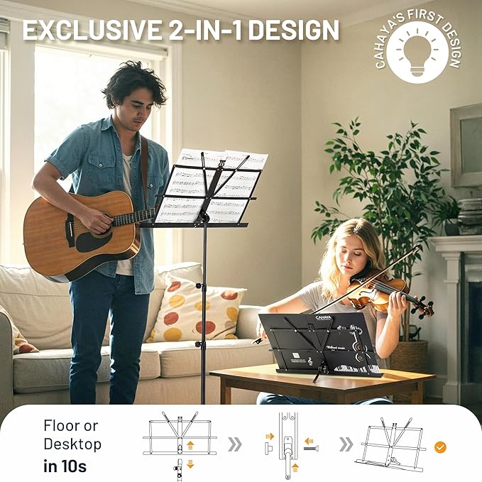 CAHAYA Portable Sheet Music Stand: Dual Use Desktop Book Holder Folding Lightweight Extra Stable Reinforced with Carrying Bag and Clip for Students Musicians Height Adjustable up to 54.3" CMS0204