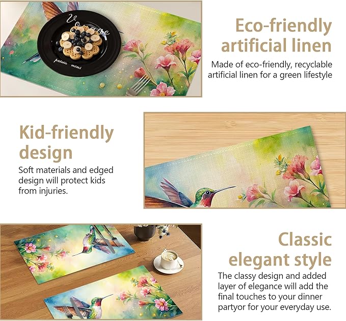 Watercolor Hummingbird Flowers Placemats Set of 6 Linen Table Mats, 12x18 Inch Washable Placemats for Dining Table, Non Slip Heat Resistant Mats for Kitchen Home Decor
