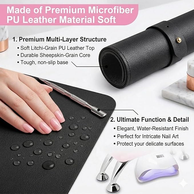 Nail Art Table Mat, (Mat Only) Foldable Hand Rest Manicure Pad, Soft Microfiber PU Leather Arm Rest Pad for Acrylic Nails, Nail Polish Mat for Nail Tech Salon Home, Black