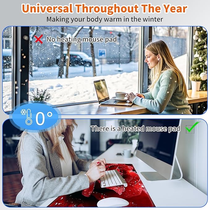 Heated Mouse Pad,Warm Desk Pad with 3 Levels Heating & 3 Hours Auto Shut-Off, PU Leather Heated Desk Pad Warmer Pad for Home Office - 31.5 x 13 inch,Red Rose