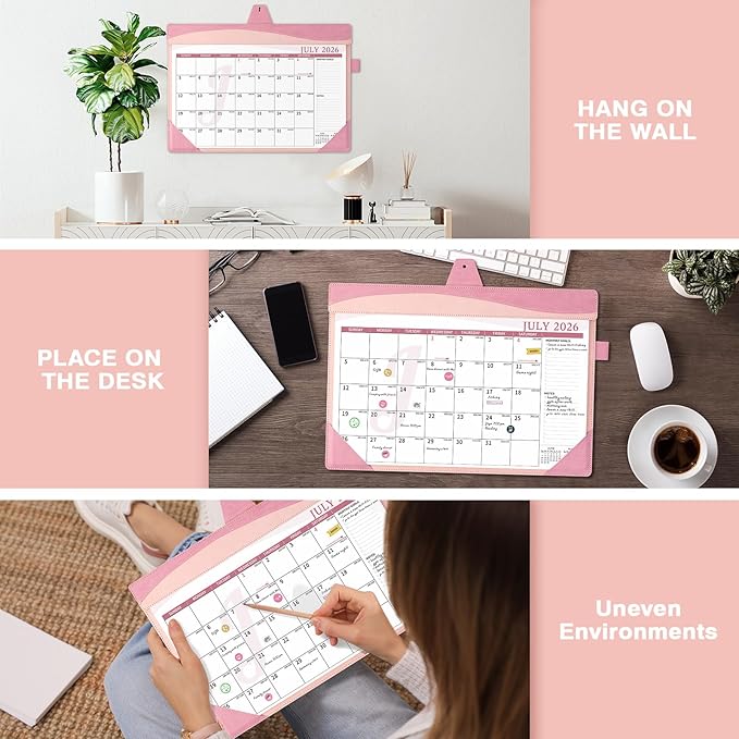 Ospelelf Desk Calendar 2026-2027 Large 12"x17" Leather Monthly Planner Pad with Protective Cover 18 Months Use July 2026 to December 2027 Pink
