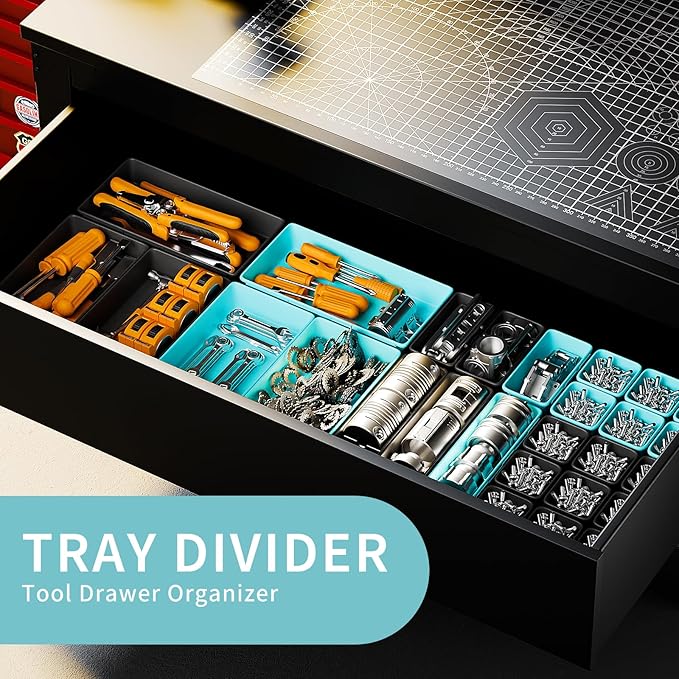 [5 Sizes] [69 PCS] Tool Drawer Organizer, Tool Box Desk Drawer Tray, Rolling Tool Chest, Toolbox Organizer (Black+ Sky Blue)