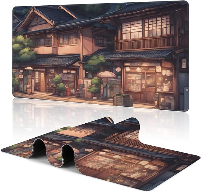 Anime Architecture Large Extended Gaming Mouse Pad Japanese Town XXL Mousepad Desk Pad for Keyboard and Mouse, Non-Slip Rubber Base Mousepad with Stitched Edges for Office Desk Decor, 31.5 x 15.8 in