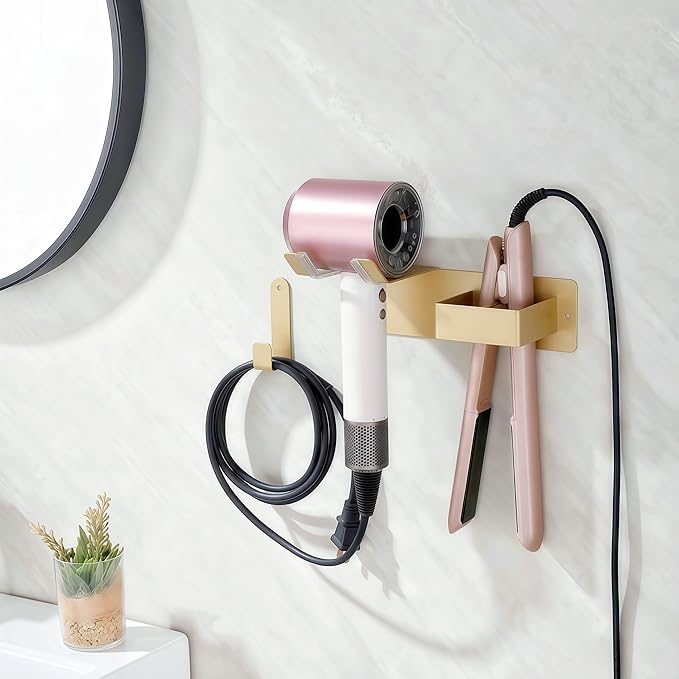 Hair Dryer and Straightener Holder, Upgraded Hair Straightener Holder with Cable Hook, Stainless Steel Universal Hairdryer Holder Wall Mounted Waterproof for Bathroom Space-Saving Gold PTALSEAW