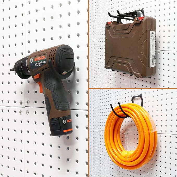 HUHOLE 10-Pack Heavy Duty Pegboard Hooks for Power Tools & Garage Organization, Vinyl-Coated Steel Drill Holders & Utility Hangers, Fits Standard 1/4" Pegboards (Black) | Heavy Duty