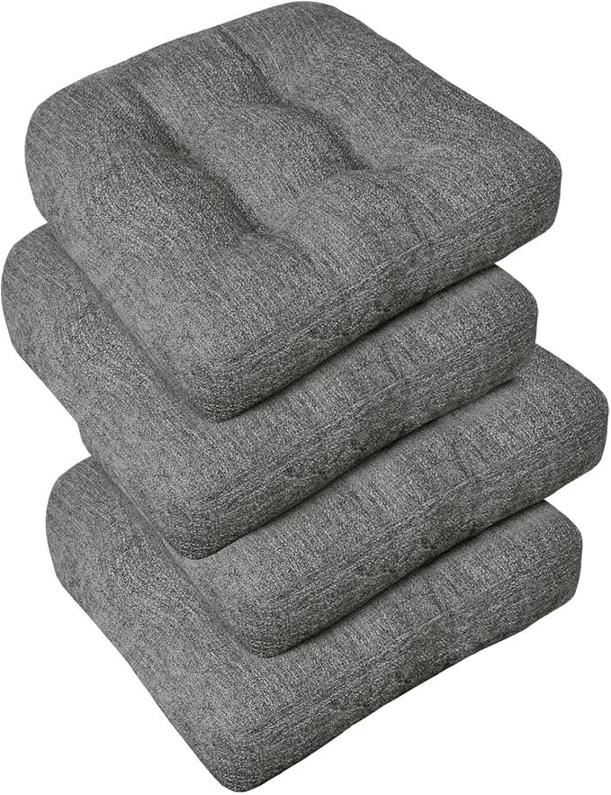 downluxe Chair Cushions for Dining Chairs 4 Pack, Tufted Indoor Chair Pads with Non-Slip Bottom, U-Shaped Kitchen Chair Cushions, 17"x17"x4", Dark Grey