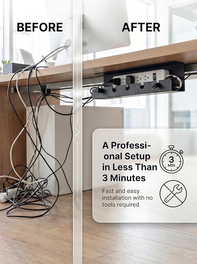Under Desk Cable Management Tray No Drill, Cord Organizer for Desk, Wire Organizer, Cable Tray for Home Office Standing Desk, Wire Managment, Cord Hider, Set of 2 pcs (Black)