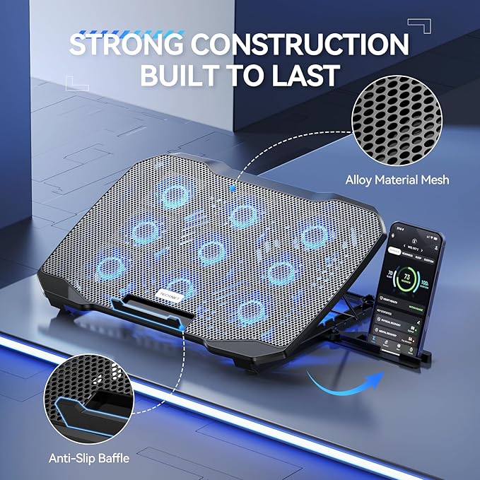 TECKNET Laptop Cooling Pad with Phone Stand, 9 Quiet Fans with LED Lights, 5 Height Adjustable & 2 USB Ports, Stepless Speed Control to 2600 RPM Laptop Cooler, Laptop Cooling Stand for 12-17.3 Inch
