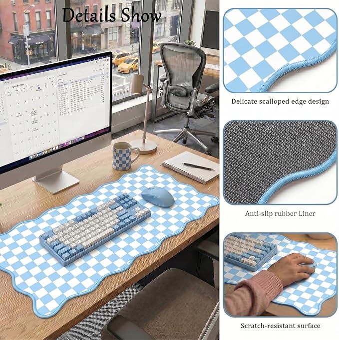Scalloped Desk Mat Extended Large Cute Mouse Pad Big Desk Pad XXL Aesthetic Kawaii Plaid Mousepad Checkered Mouse Pad for Keyboard Computer Laptop Home Office Accessories Girl 35.4X15.7Inch Blue