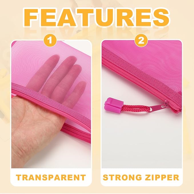 PATIKIL A5 Mesh Zipper Pouch Bags, 5 PCS Mesh Bags with Zipper Plastic Storage Pocket for Organizing File Beads Office Home Supplies, 18x25cm, Rose Red