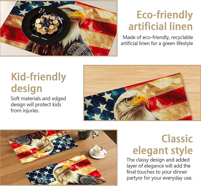 Linen Placemats Set of 6, Eagle Retro American Flag Washable Table Mats 12x18 Inch, Heat Resistant Non Slip Placemats for Dining Table Kitchen Everyday Use