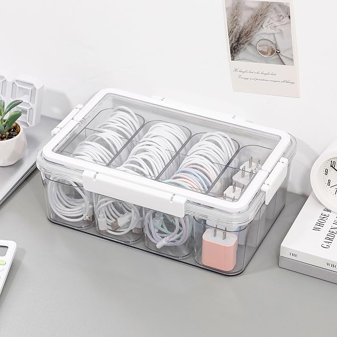 Large Cable Storage Box with Lid, Plastic Power Cords Organizer for Desk Drawer, Clear Home Office Container for Cell Phone Charger, Art Crafts and Stationery