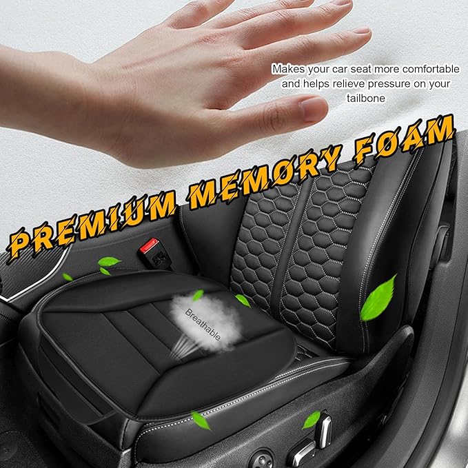 povtii Car Seat Cushion with Front Pocket, Non-Slip Bottom Cushion for Car Driver Office or Home Chair, Breathable Pressure Relief Seat Pad with Memory Foam, Car Accessories (Black)