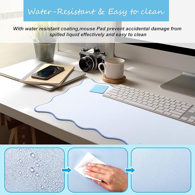 Hahafelt Scalloped Desk Mat Large Desk Pad Cute Coquette Table Mat Aesthetic Preppy Table Make up Pad Nonslip 2026 Graduation Gift with Stitching Waterproof Gaming(Blue,31.5 x 15.8 Inches)