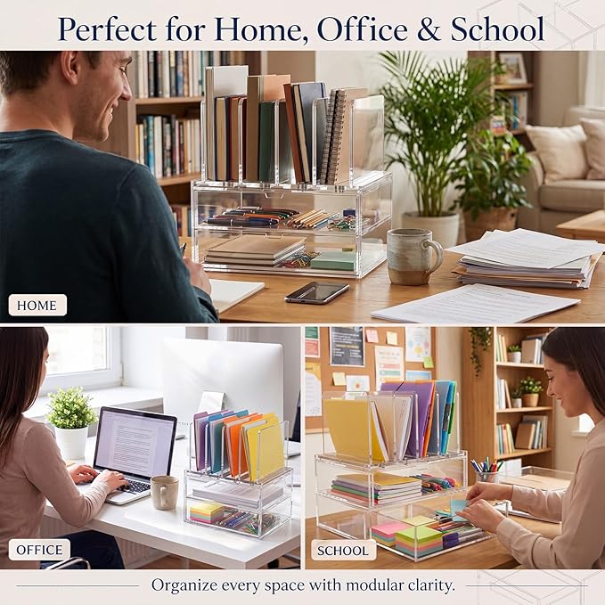Ripeng Acrylic Desk Organizer with 2 Drawers, Vertical File Holder with 5 Detachable and Adjustable Dividers, Clear Desk Organizers and Accessories for Home, Office, School