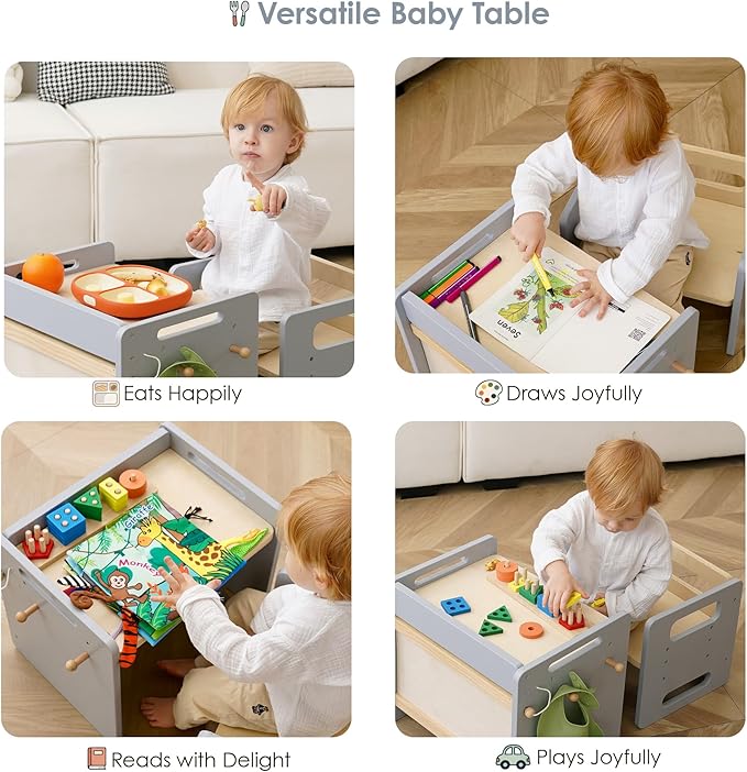 bpmfkid Montessori Weaning Table and Chair Set - Adjustable Design for Toddlers, Ideal for Mealtime, Learning, and Play, Grey
