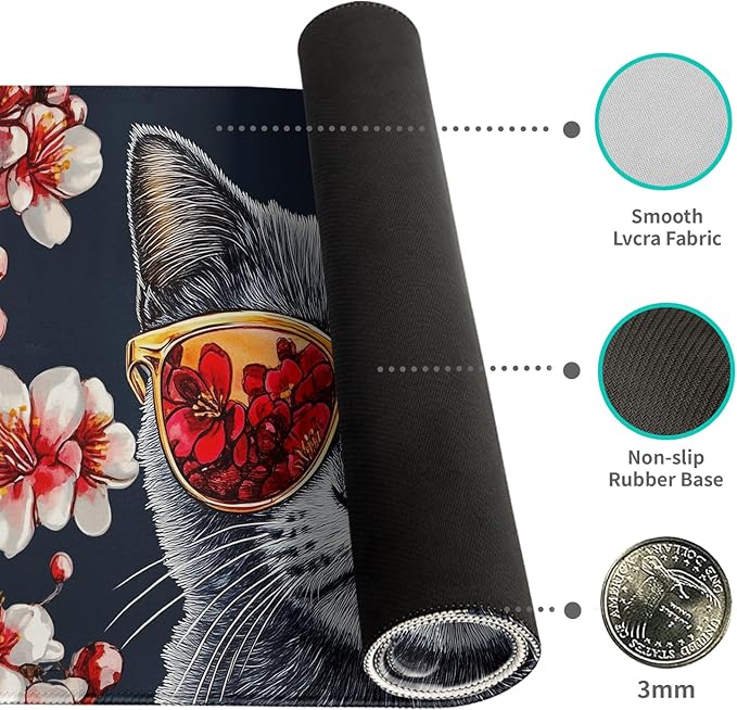 Desk Mat Mouse Pad Gaming Desk Pad XL Large Mouse Mat Office Decor Accessories (Glasses cat)