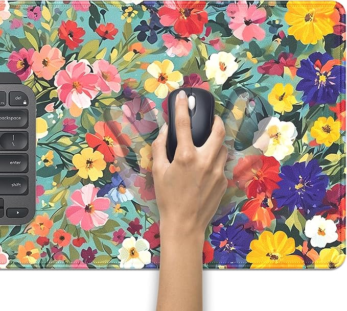 Colorful Watercolor Floral Large Mouse Pad Desk Mat, 27.5x11.8in Vibrant Spring Flower Extended Keyboard Mousepad with Stitched Edges, Non-Slip Waterproof Rubber Base for Office, Computer & Laptop