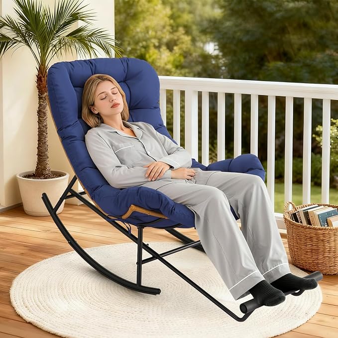 Garvee 2PCS Papasan Rocking Chair with Foot Rest, Oversized Papasan Chair with Thick Removable Cushion and Metal Frame, Lounge Chairs and PE Rattan Rocker for Patio, Porch, Garden, Lawn, Living Room