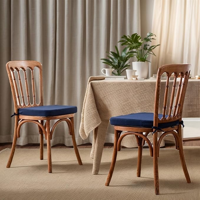 Battilo Chair Cushions for Dining Chairs with Ties, Indoor/Outdoor Kitchen Chair Pad with Non-Slip Backing, Dining Seat Cushion with Machine Washable Removable Cover, 16"x16"x2", Set of 2, Navy