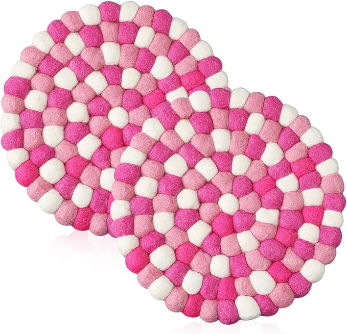 Lallisa 2 Pieces Felt Ball Trivet Round Felt Ball Coasters Handmade Trivet Multi Color Pot Mat Hot Plate Holder Heat Resistant Pot Holder for Table Desk Kitchen Decoration Accessories(Pink)