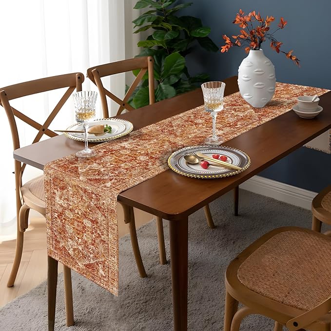 Boho Red Table Runner,Vintage Elegant Farmhouse Table Center Linen Decor,Country Rustic Farmhouse Magical Fall Kitchen Dining Table Decoration for Home Dining Party Decor 13x48 Inch