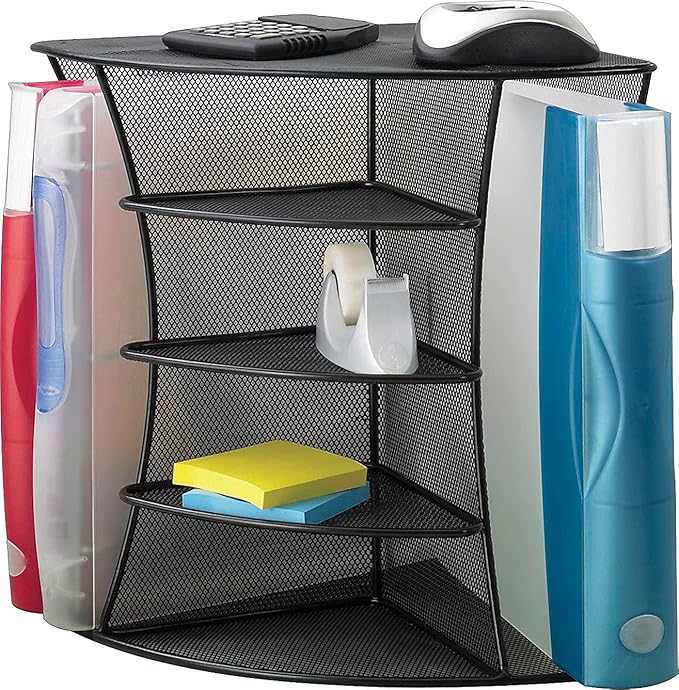Safco 3261BL Onyx Mesh Corner Organizer - Durable Steel Mesh Corner Storage and Desk Top Organizer. Space Saving, For Home, Office & Classroom Organization, 13" x 15" x 11 , Black