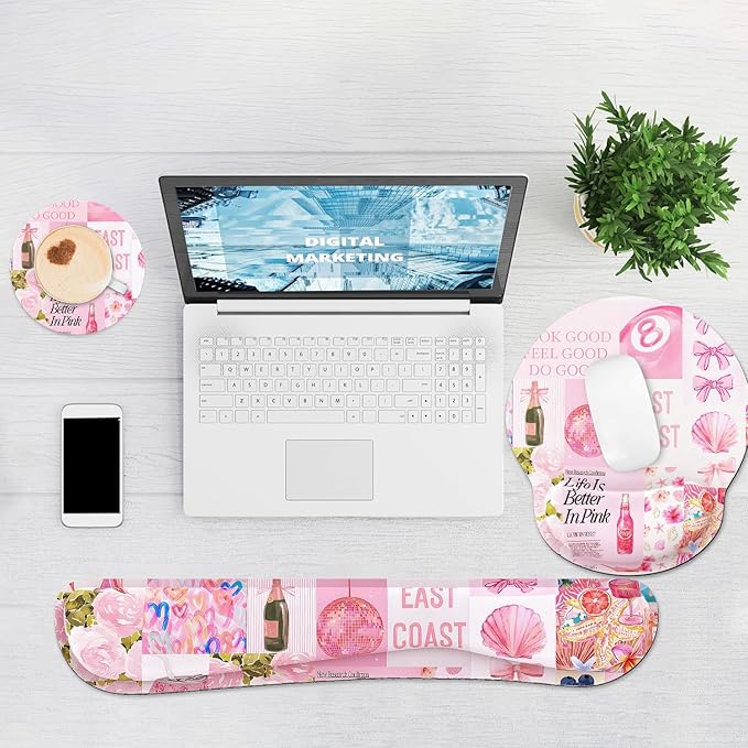 Ergonomic Mouse Pad with Wrist Rest and Keyboard Wrist Rest, Mousepad and Wrist Rest for Computer Keyboard, Pain Relief, Non-Slip Rubber Base, Mouse Pad with Wrist Support for Gaming, Pink Collage