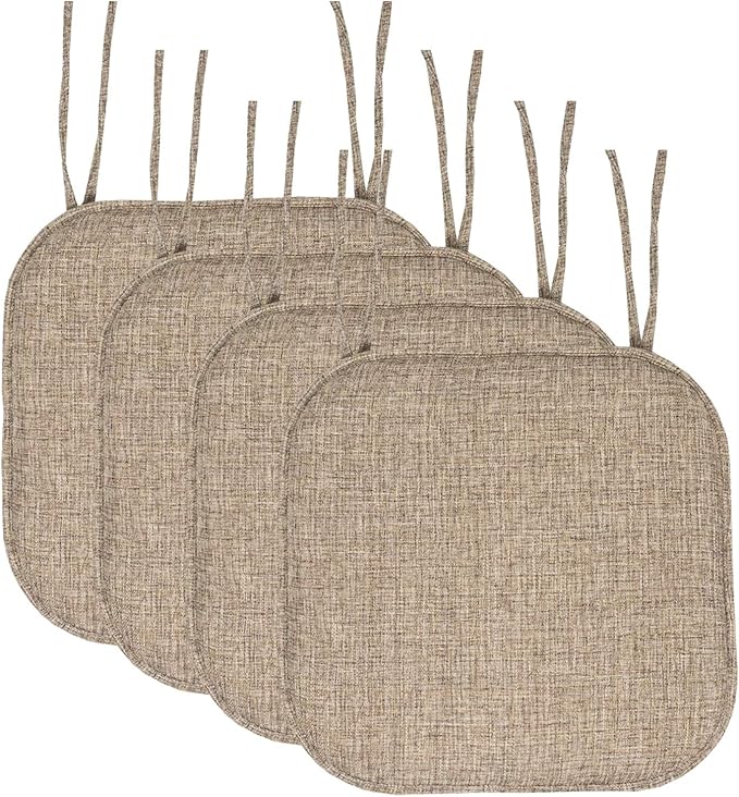 Sweet Home Collection Chair Cushion Memory Foam Pads with Ties Honeycomb Pattern Slip Non Skid Rubber Back Rounded Square 16" x 16" Seat Cover, 4 Pack, Aria Brown
